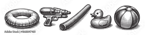 A vintage illustration in black and white depicts a collection of summer toys, including an inflatable ring, a water gun, a pool noodle, a rubber duck, and a beach ball, arranged on a white background