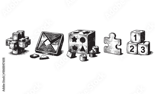 A collection of classic wooden educational toys including a geometric puzzle, shape sorter cube, jigsaw puzzle piece, and numbered blocks, rendered in a scratchboard style.