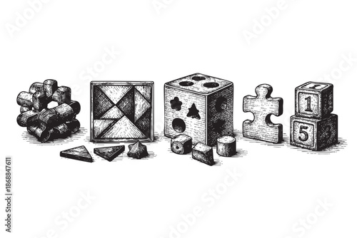 A vintage-style woodcut illustration features a variety of classic educational toys including blocks, tangram, shape sorter, and puzzle pieces arranged on a white background.