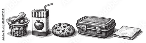 A detailed black and white ink sketch of school lunch items including a lunchbox, juice box, cookie, fruit, and napkin, presented against a clean white background.