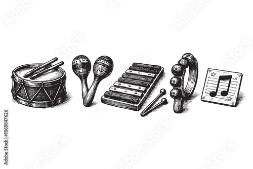 A vintage black and white sketch illustrates a collection of children's musical instruments including a drum, maracas, xylophone, tambourine, and a music note sign on a plain white background.