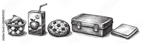 A vintage-style black and white illustration depicts school lunch essentials including a cup of ice, juice box, soccer ball, lunchbox, and napkin, perfect for educational or nostalgic concepts.