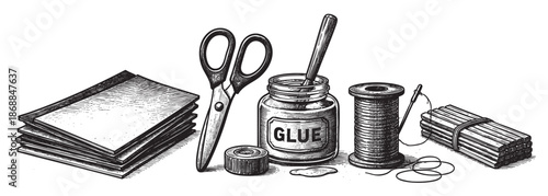 A vintage black and white illustration features essential craft supplies including a stack of paper, scissors, a jar of glue, a spool of thread, and a bundle of sticks, perfect for DIY projects.