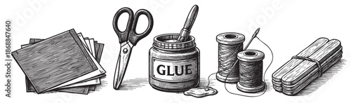 A vintage woodcut illustration of assorted craft supplies including paper, scissors, glue, thread, needle, and wooden sticks against a white background.