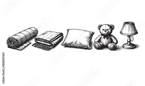 A charming hand-drawn illustration features a rolled blanket, folded blanket, pillow, teddy bear, and table lamp arranged in a row against a white background.