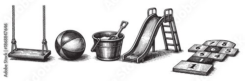 A black and white illustration depicts a collection of vintage playground equipment and toys, including a swing, ball, sand bucket, slide, and hopscotch court, in a studio setting.