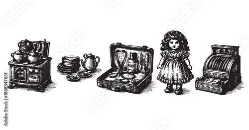 A black and white illustration features a collection of vintage toys including a doll, cash register, stove, and medicine kit on a white background, evoking nostalgia.