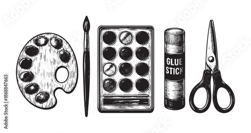 A vintage style illustration of art supplies, including a paint palette, brush, watercolor paint box, glue stick, and scissors, isolated on a white background.