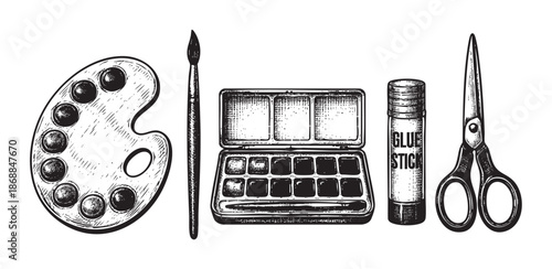 A black and white sketch style illustration featuring a collection of art supplies including a palette, paintbrush, watercolor paint tin, glue stick, and scissors.