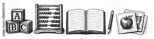 A vintage-style illustration features educational items including ABC blocks, an abacus, an open book, a pencil, and flashcards with an apple and a cat for learning concepts.