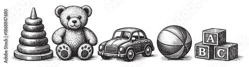 A black and white illustration of vintage toys including a stacking ring, teddy bear, toy car, ball, and alphabet blocks, presented against a clean white background.