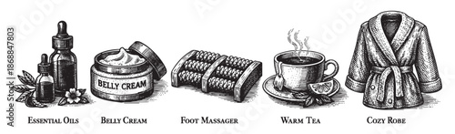 A black and white sketch of spa and relaxation items including essential oils, belly cream, a foot massager, warm tea, and a cozy robe.