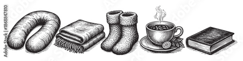 A vintage-style illustration featuring cozy winter essentials: a scarf, folded blanket, warm socks, steaming cup of tea with lemon, and a book, perfect for themes of relaxation and comfort.