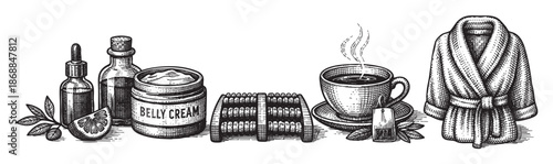 Vintage style illustration of spa items including a robe, steaming cup of tea, belly cream, dropper bottle, and citrus fruit, evoking relaxation and self-care.