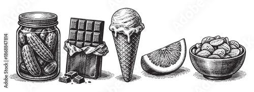 A charming vintage-style illustration featuring a jar of pickles, a chocolate bar, an ice cream cone, a citrus slice, and a bowl of nuts, all rendered in classic black and white linework.