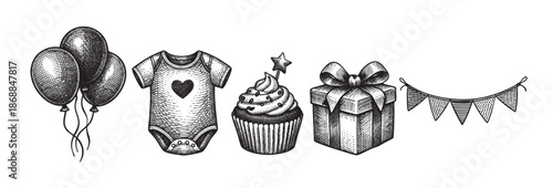 A charming vintage-style black and white illustration features a collection of baby shower elements including balloons, a onesie, a cupcake, a gift box, and bunting flags against a white background.