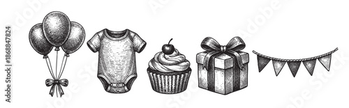 A vintage sketch-style illustration features a collection of party essentials including balloons, a baby onesie, a cupcake, a gift box, and bunting flags against a white background.