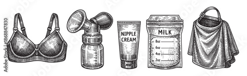 A vintage-style line drawing depicts essential breastfeeding items including a nursing bra, breast pump, nipple cream, milk storage bag, and nursing cover on a white background.