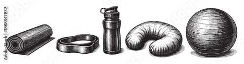 This illustration features a collection of vintage exercise equipment rendered in a classic woodcut style, including a rolled yoga mat, resistance band, water bottle, pilates ring, and medicine ball.