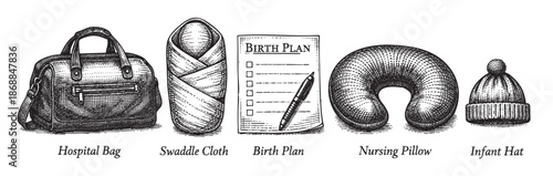 A vintage ink sketch illustrates essential items for expectant mothers, including a hospital bag, swaddle cloth, birth plan with a pen, nursing pillow, and infant hat, set against a white background.