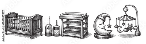 A charming black and white line drawing displays essential baby nursery items including a crib, baby monitor, changing table, moon, and mobile, perfect for design.