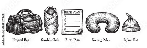 A black and white illustration depicts essential items for new mothers, including a hospital bag, swaddle cloth, birth plan document, nursing pillow, and infant hat, ready for childbirth.