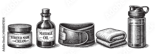A hand-drawn, line art illustration features a collection of vintage beauty and therapy items including massage oil, stretch mark cream, a support belt, towels, and a dispenser.
