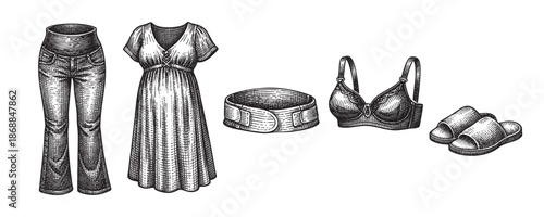 A vintage style engraving depicts essential maternity wear including jeans, a dress, a support belt, a bra, and slippers on a white background.