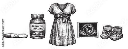 A vintage illustration depicts key symbols of pregnancy including a positive pregnancy test, prenatal vitamins, a dress, an ultrasound image, and baby booties, evoking anticipation and joy.