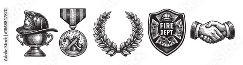 A collection of black and white vintage illustrations depicting symbols of achievement and recognition for firefighters, including a helmet trophy, medal, laurel wreath, shield, and handshake.