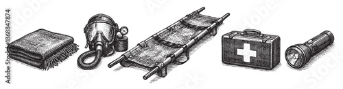 A stark black and white illustration depicts essential emergency and survival gear including blankets, a gas mask, a stretcher, a first aid kit, and a flashlight on a white background.
