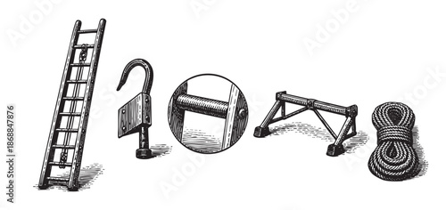 A vintage engraving style illustration featuring a ladder, a hook, a pulley mechanism, and a coiled rope against a white background, suggesting construction or repair.
