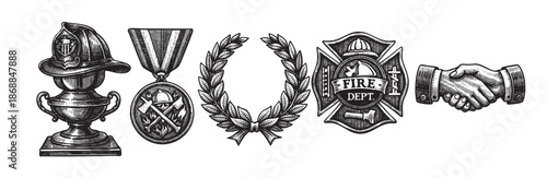 Black and white illustration featuring a firefighter helmet trophy, a medal, a laurel wreath, a Maltese cross badge, and a handshake, symbolizing achievement and service.