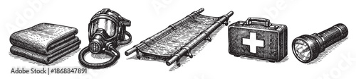 A stark black and white illustration depicts essential emergency and survival gear including blankets, a gas mask, a stretcher, a first aid kit, and a flashlight on a white background.