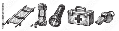 A black and white line art illustration shows essential survival equipment including a stretcher, coiled rope, flashlight, first aid kit, and whistle, symbolizing preparedness and safety.