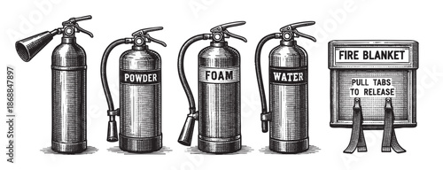 A vintage black and white illustration displays a lineup of four fire extinguishers labeled powder foam water and a fire blanket with pull tabs.