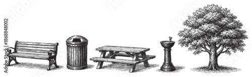 A black and white illustration depicts park amenities including a bench, trash can, picnic table, and drinking fountain next to a mature tree, rendered in a classic engraving style.