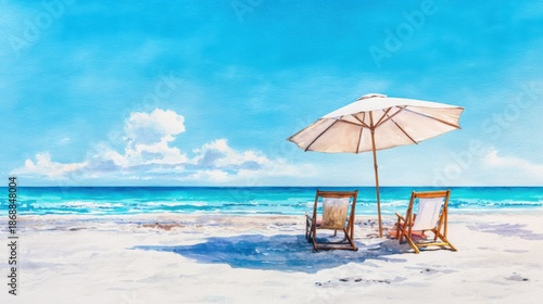 Serene beach day with umbrella and chairs by turquoise ocean.