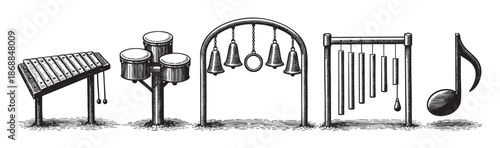 A vintage style line drawing illustrates a collection of outdoor musical instruments including a xylophone, drums, bells, chimes and a musical note on a white background.