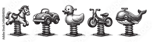 A detailed black and white illustration features a collection of vintage spring rider toys, including a horse, car, duck, bicycle, and whale, all rendered in a classic etching style.