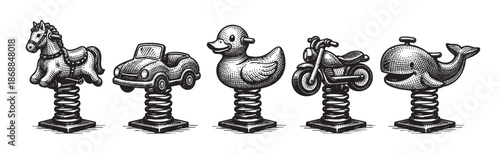 A detailed black and white illustration features a collection of vintage spring rider toys, including a horse, car, duck, bicycle, and whale, all rendered in a classic etching style.