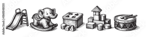 A charming black and white woodcut illustration featuring a collection of classic vintage toys arranged in a row, evoking nostalgia and playful childhood memories.