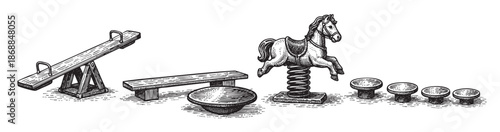 This black and white line drawing features various playground equipment, including a seesaw, bench, and spring rider, in a retro style, ideal for design elements or conceptual illustrations.
