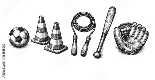A black and white sketch of various sports and training items including a soccer ball, traffic cones, jump rope, baseball bat, and baseball glove, suitable for graphic design and conceptual use.