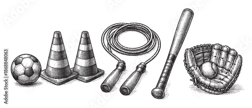 Vintage line art illustration featuring a collection of sports equipment including a soccer ball, traffic cones, jump rope, baseball bat, and baseball glove with ball on a white background.