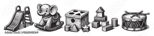 A charming black and white woodcut illustration featuring a collection of classic vintage toys arranged in a row, evoking nostalgia and playful childhood memories.