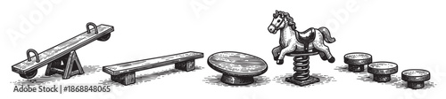 A monochrome woodcut illustration displays a row of vintage playground equipment, including a seesaw, bench, spring rider, and bollards, on a white background with textured shading.