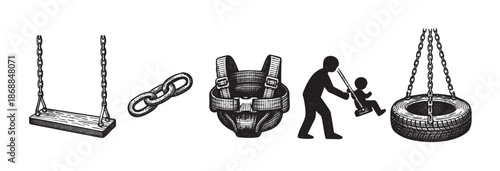 This line art illustration features a wooden swing, a chain link, a baby car seat, and a parent pushing a child on a swing next to a tire swing.