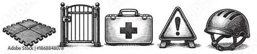 A collection of black and white vector illustrations depicting safety and security items including interlocking mats, a gate, a first aid kit, a warning sign, and a helmet.