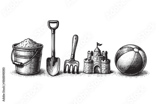A black and white sketch of beach toys including a sand bucket, shovel, rake, sand castle, and beach ball on a white background.